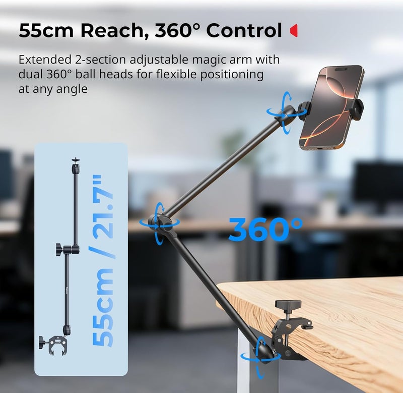 SMALLRIG Desktop Magic Arm Support with Crab-Shaped Clamp Kit, Aluminum Alloy, 24.3x4.5x1.1 in, 0.6lb Payload, for Smartphones, Webcams, Action Cameras, 5624 - Image 3